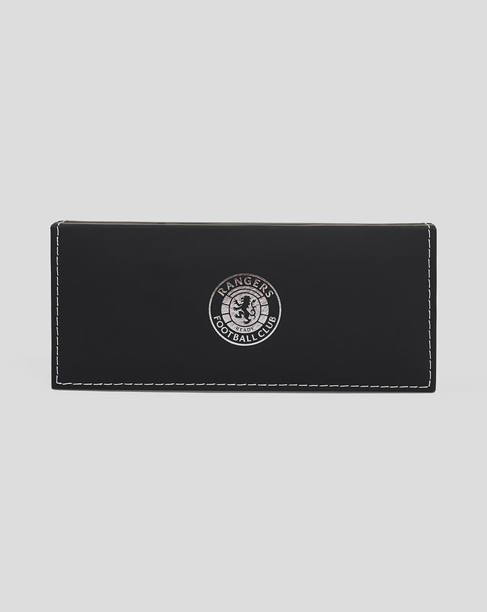 Black leather rectangular case with white stitching and Rangers FC crest centered on the front.
