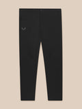 Front view of black golf trousers with belt loops and a small left thigh logo.