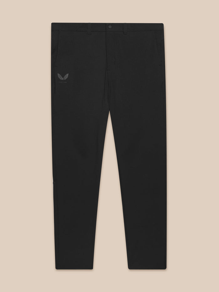 Front view of black golf trousers with belt loops and a small left thigh logo.