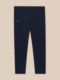 Flat lay of navy golf trousers with front pockets and Castore logo on the thigh.