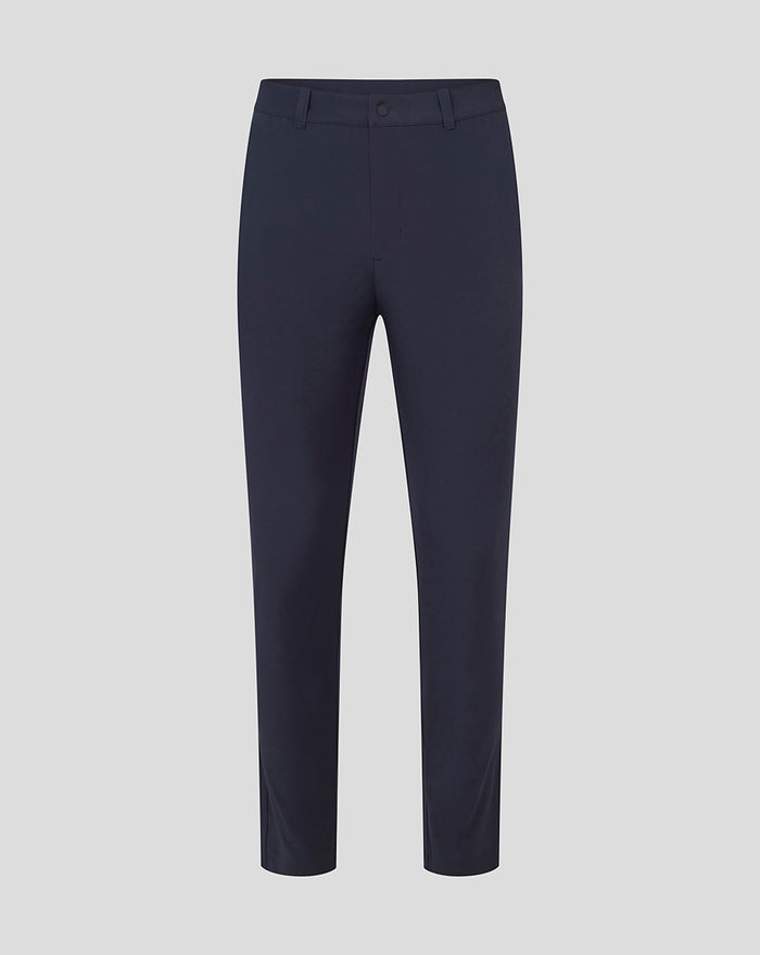 Navy golf trousers shown from the front with a flat front and belt loops.