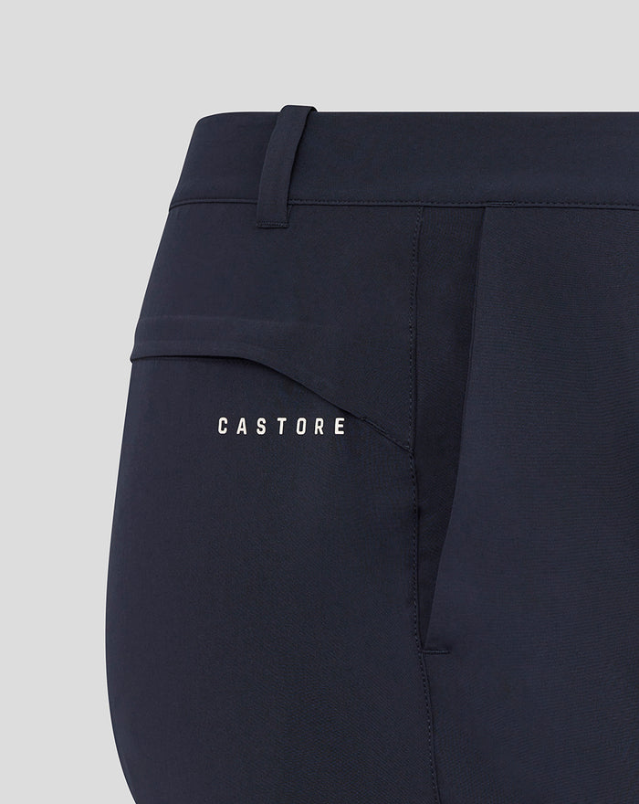 Navy Rangers golf trouser close up showing waistband belt loop and back pocket with Castore branding