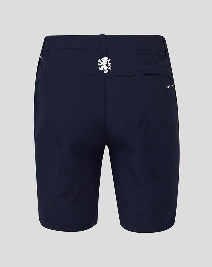 Front view of navy golf shorts showing belt loops and a single front button closure.
