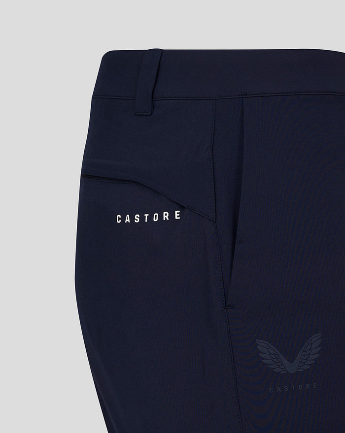 Close up of navy golf shorts showing back pocket and Castore branding