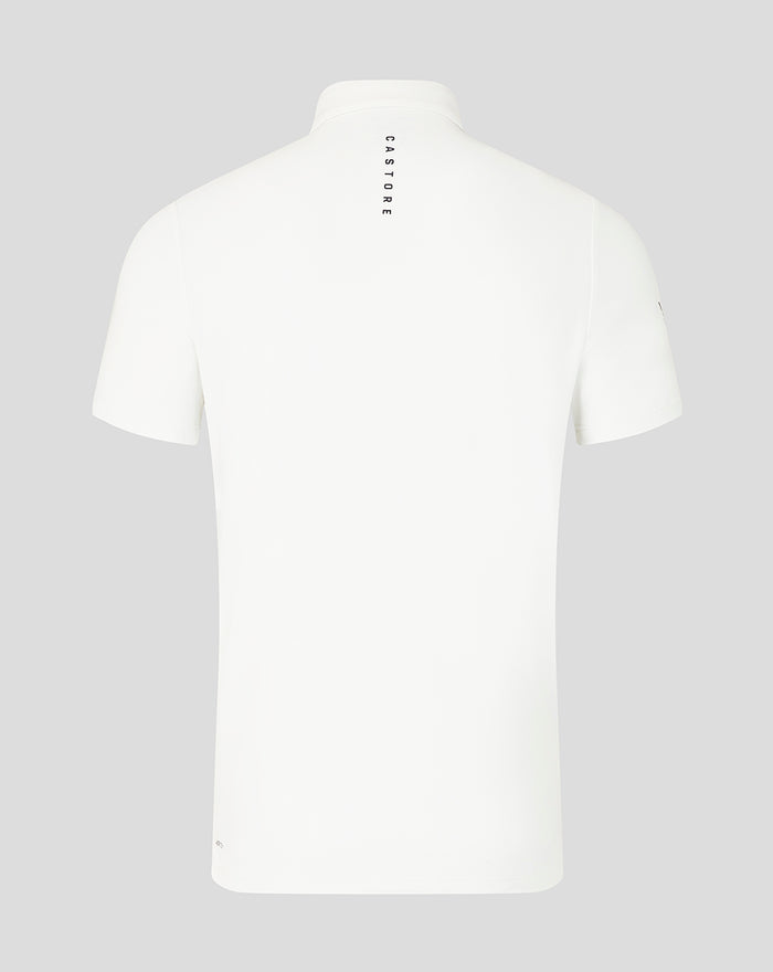 Back view of the white Rangers Club Essential Polo with CASTORE branding running vertically at the nape.