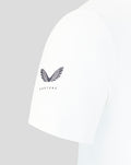 Close-up of the white Rangers Club Essential Polo sleeve with a dark wing logo and Castore branding.