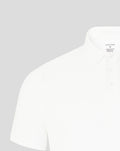 Close up of the Rangers Club Essential Polo collar and button placket on white fabric