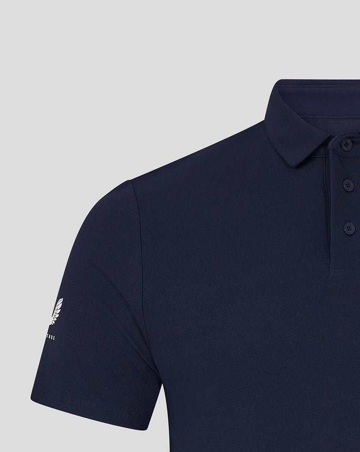 Navy CLUB ESSENTIAL short sleeve golf polo close up of shoulder collar and button placket
