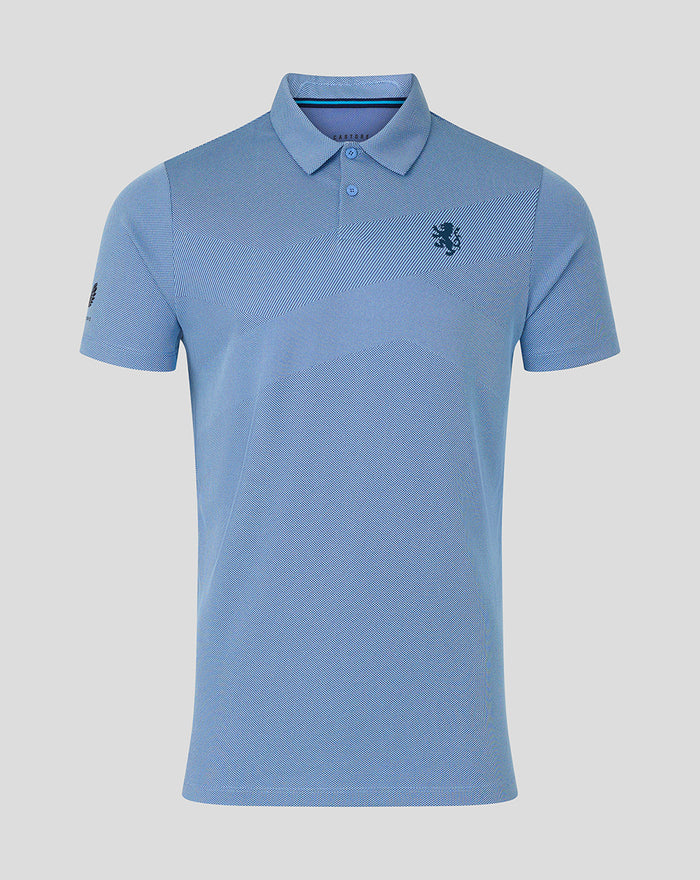 Rangers Pinnacle Engineered Knit Polo in light blue featuring diagonal color blocks and left chest crest