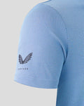 Close up of blue Rangers Pinnacle polo sleeve and shoulder with textured knit and Castore wing emblem on the lower sleeve
