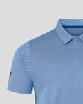 Close view of blue Rangers Pinnacle polo collar and chest panels with varied knit textures and Castore label at neckline
