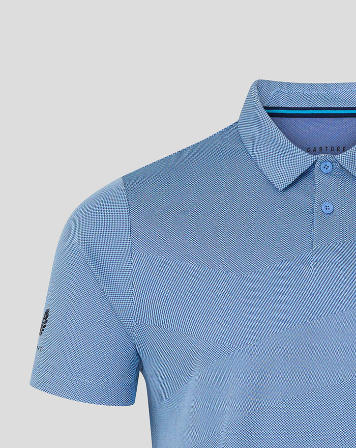Close view of blue Rangers Pinnacle polo collar and chest panels with varied knit textures and Castore label at neckline