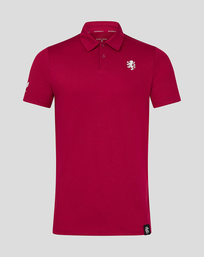 Pinnacle engineered knit polo in magenta shown from the front with a polo collar and white crest on the left chest