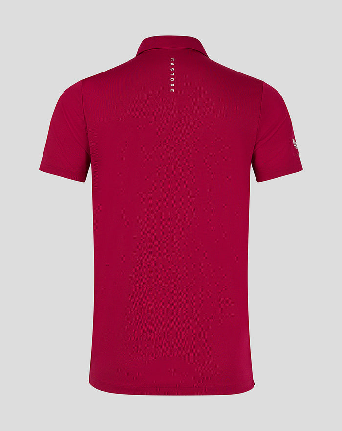 Back view of the maroon Pinnacle Engineered Knit Polo 2 with CASTORE branding running down the center back.