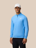 Male model in a white Castore cap and cool blue Golf Club Classic 1/4 Zip Top front view