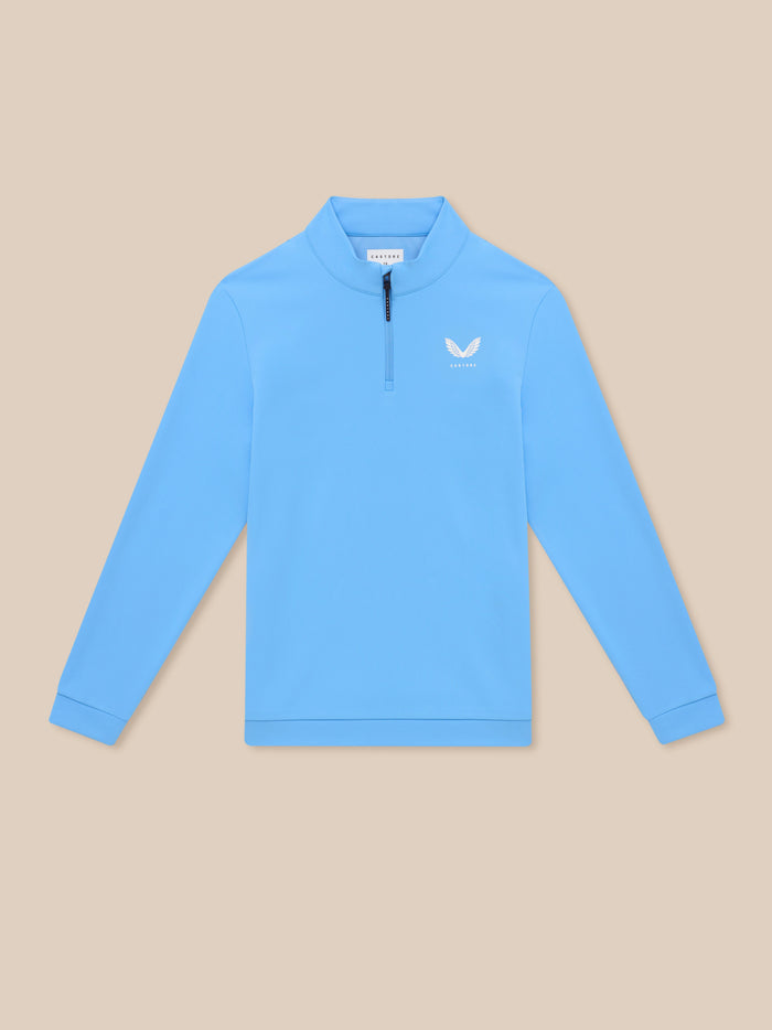 Close-up of the Golf Club Classic 1/4 Zip Top showing funnel collar front zip and left chest logo