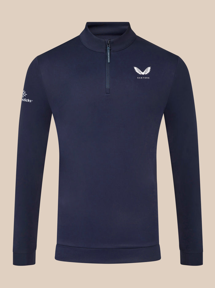 Navy golf club classic quarter zip top with stand collar and long sleeves, Castore logo on the left chest
