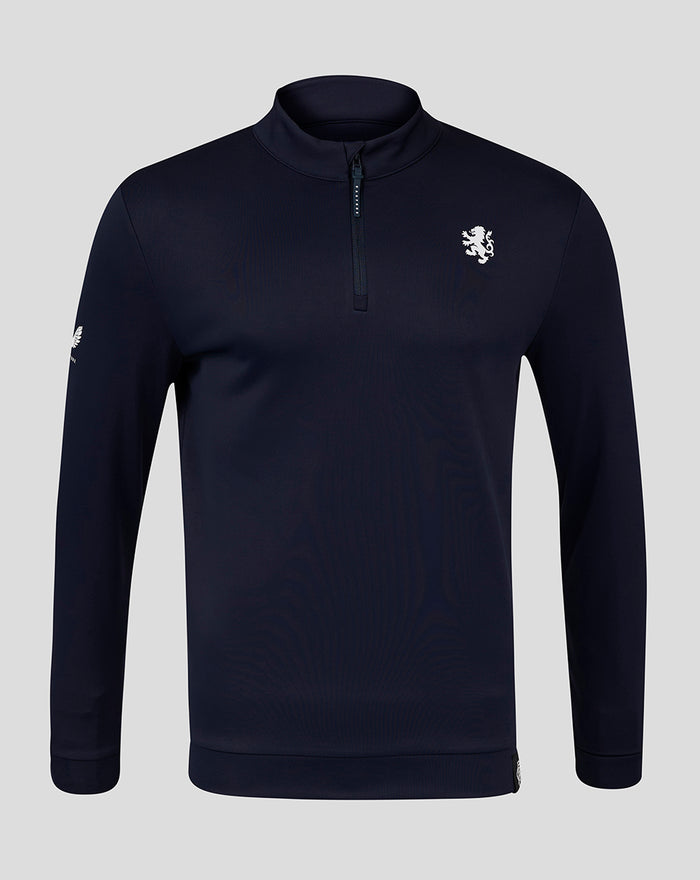 Front view of navy CLUB CLASSIC QUARTER ZIP with white crest on the chest.