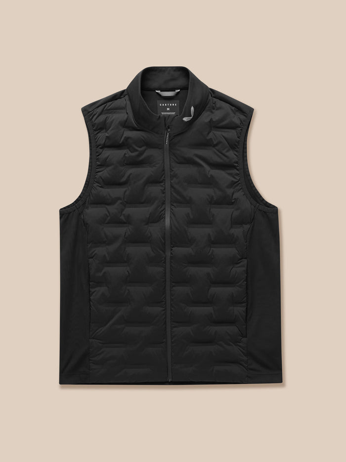 Black Pinnacle gilet with stand collar and front full zip, featuring quilted panels and Castore Protek branding.