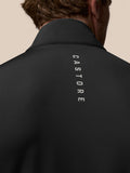 Close up of the black Pinnacle Gilet back with Castore branding running vertically and a wing logo on the collar.