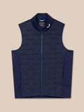 Front view of navy Pinnacle Gilet with stand collar and full front zipper