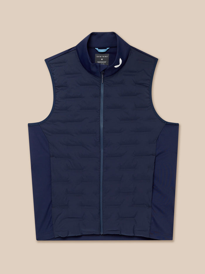 Front view of navy Pinnacle Gilet with stand collar and full front zipper