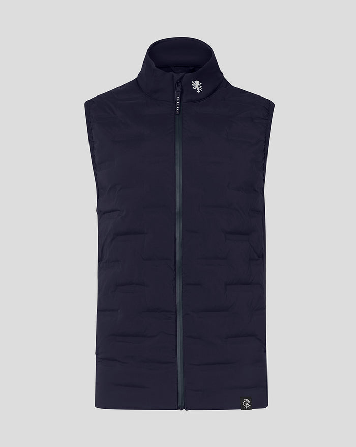 Lightweight navy blue quilted gilet with a stand up collar and front zipper
