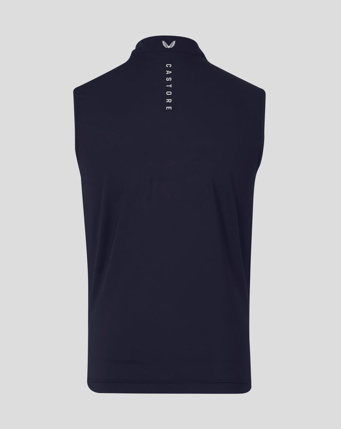 Back view of navy Rangers lightweight hybrid gilet with logo on the collar.