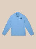 Model wearing sky blue Golf Flex Jacket with half zip front and chest logo