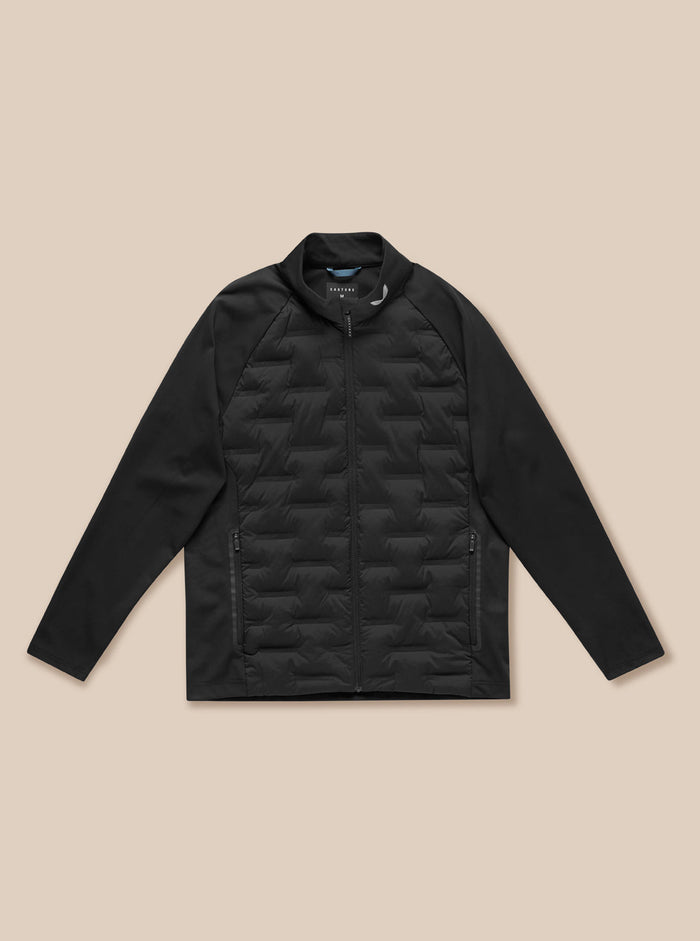 Pinnacle Golf Jacket in black with quilted front panels and stand collar.