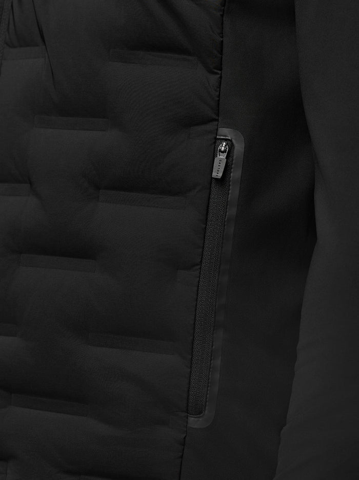 Detail of black Golf Pinnacle Jacket highlighting a vertical zip pocket and subtle quilting texture.