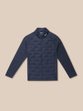 Front view of navy golf pinnacle jacket laid flat with quilted front panels stand collar and zip pockets