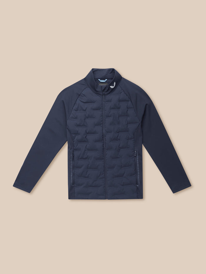 Front view of navy golf pinnacle jacket laid flat with quilted front panels stand collar and zip pockets