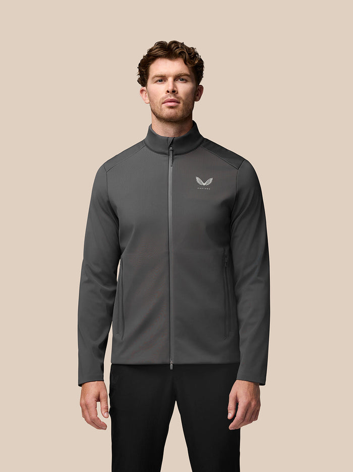 Front view of charcoal Garcia Hybrid Jacket with stand collar full zip and water resistant pockets; Castore logo on chest.