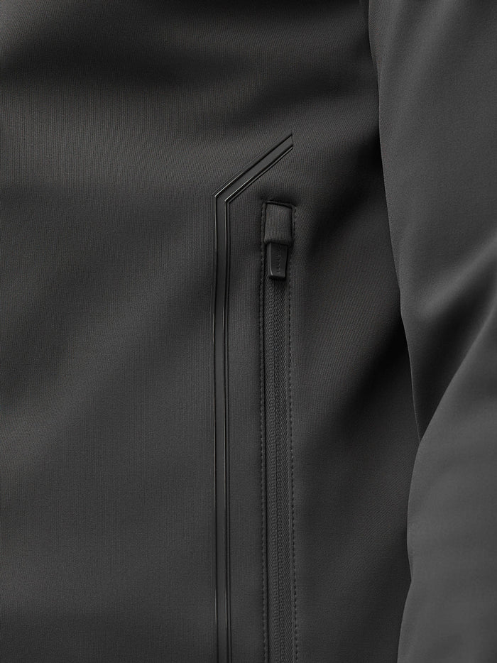 Close up of side pocket on charcoal Garcia Hybrid Jacket with water resistant zip and auto lock puller