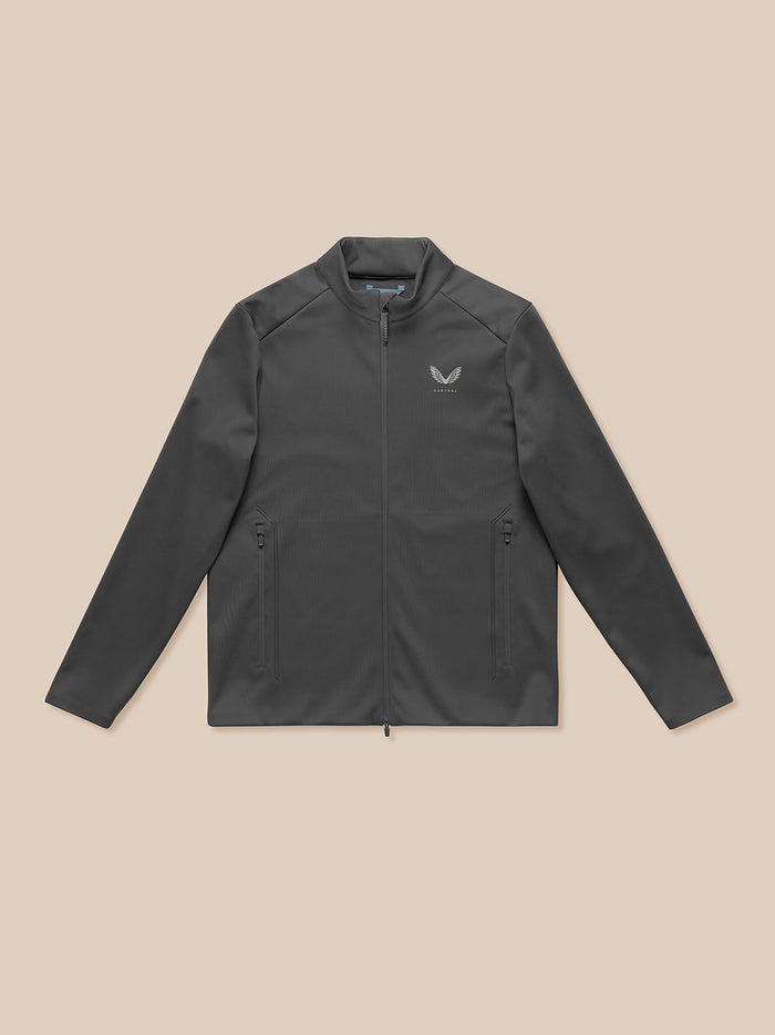 Front view of charcoal Garcia Hybrid Jacket with stand collar full zip two front pockets and Castore emblem on chest