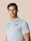 Close up of a man in a mid grey Pinnacle LVS Polo front view highlighting chest stripes and breathable panels.
