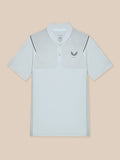 Flat lay of light grey Pinnacle Golf LVS polo showing diagonal chest stripes and left chest logo.