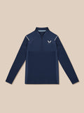 Flat lay front view of navy Pinnacle LVS 1/4 zip golf top with striped chest and Castore logo