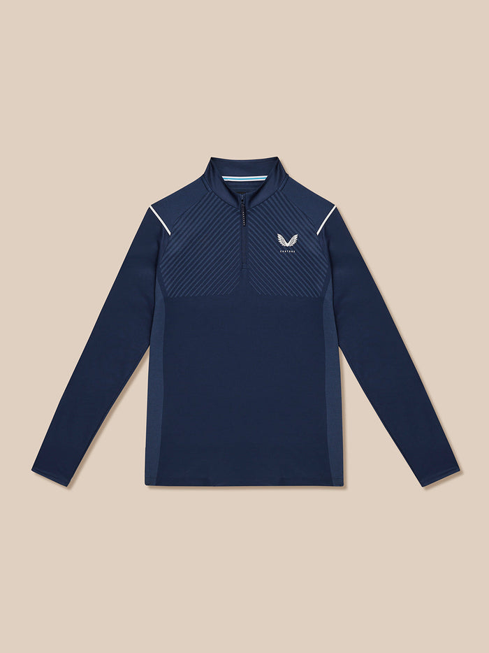 Flat lay front view of navy Pinnacle LVS 1/4 zip golf top with striped chest and Castore logo