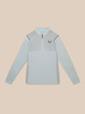 Front view of light grey Pinnacle LVS 1/4 zip top on beige background with diagonal chest stripes