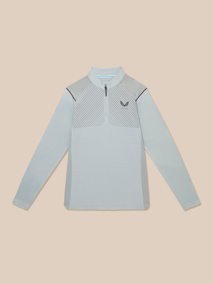 Front view of light grey Pinnacle LVS 1/4 zip top on beige background with diagonal chest stripes