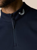 Close-up of navy Club 1/2 Zip Gilet collar with half zipper and Castore wing logo at the neck.