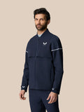 Male model in midnight navy LVS woven jacket with venting panels and zip pockets