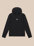 Front view of black golf performance hoodie with hood and Castore logo on chest