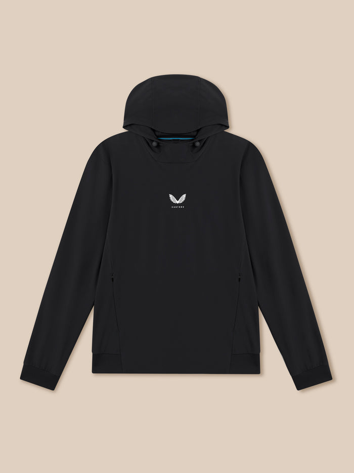 Front view of black golf performance hoodie with hood and Castore logo on chest