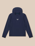Front view of navy golf performance hoodie with Castore logo on chest