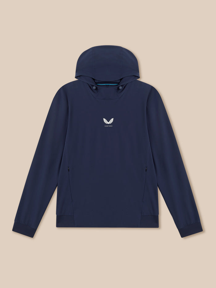 Front view of navy golf performance hoodie with Castore logo on chest