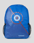 Blue Rangers FC Centre Spot backpack with circular crest and orange diagonal stripe over a dotted pattern.