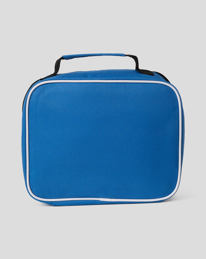 Rangers FC particle lunch bag in bright blue with black carry handles and white zipper trim
